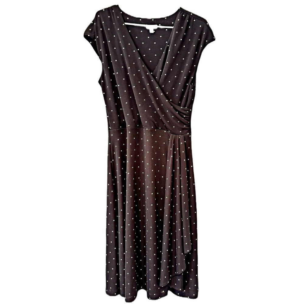 Talbots Cap Sleeve Polka Dot Midi Dress Dark Brown White Faux Wrap V Neck Sz LP
